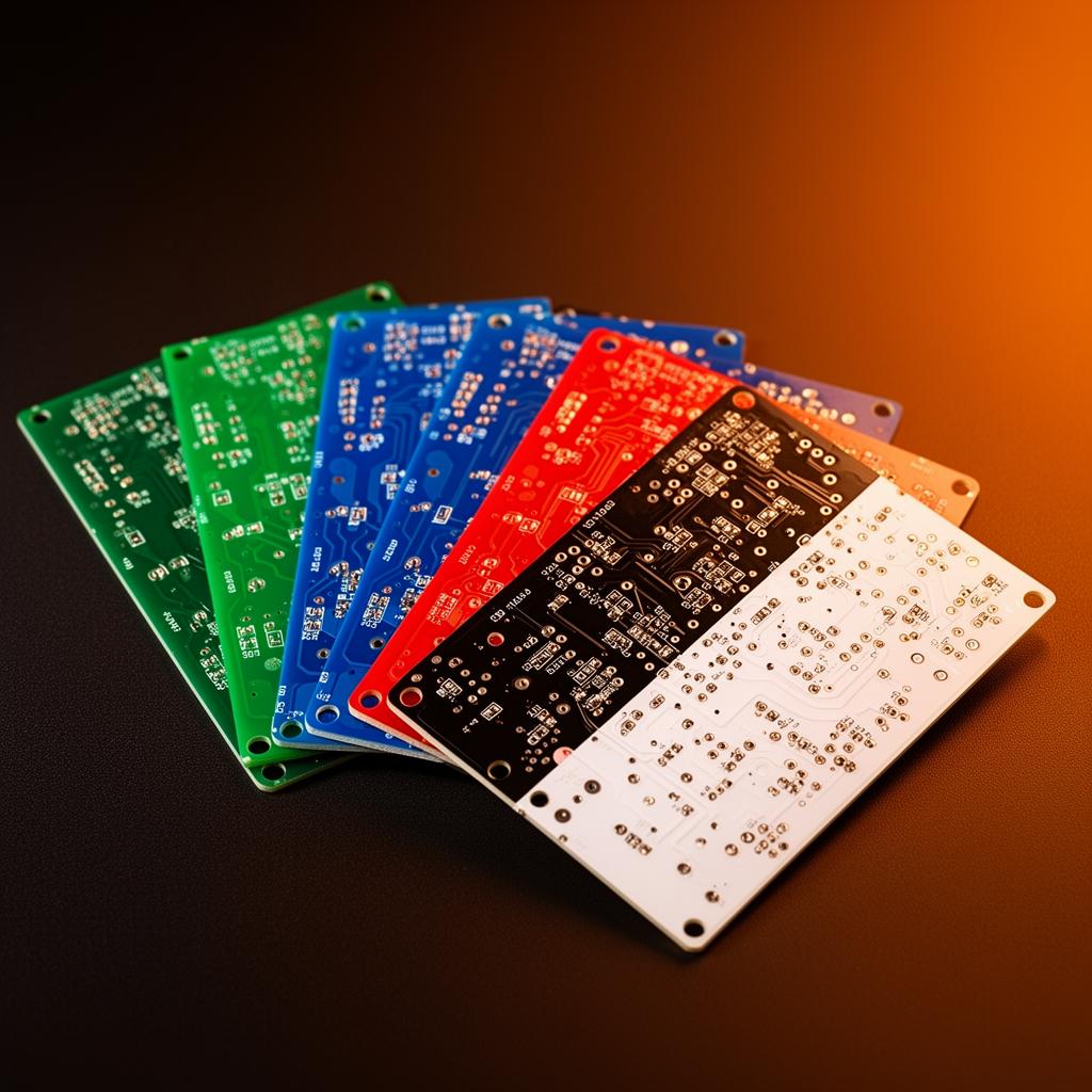 Stack of PCBs in green, blue, red, black and white solder mask